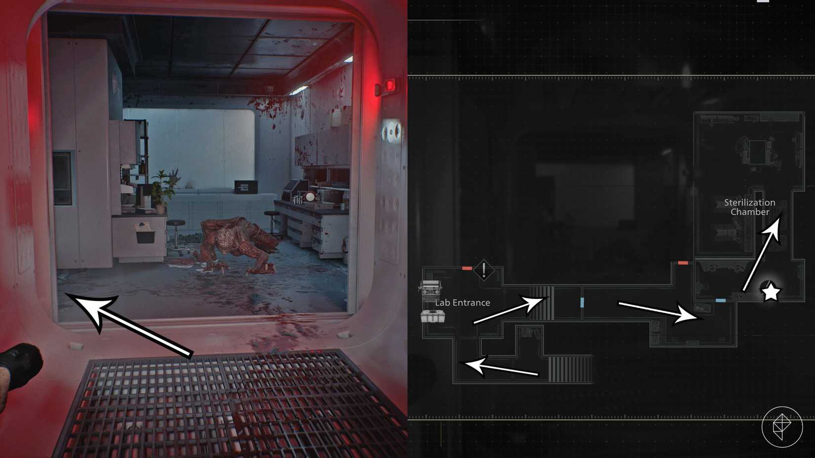 Arrows show the route past a licker in Resident Evil Requiem.