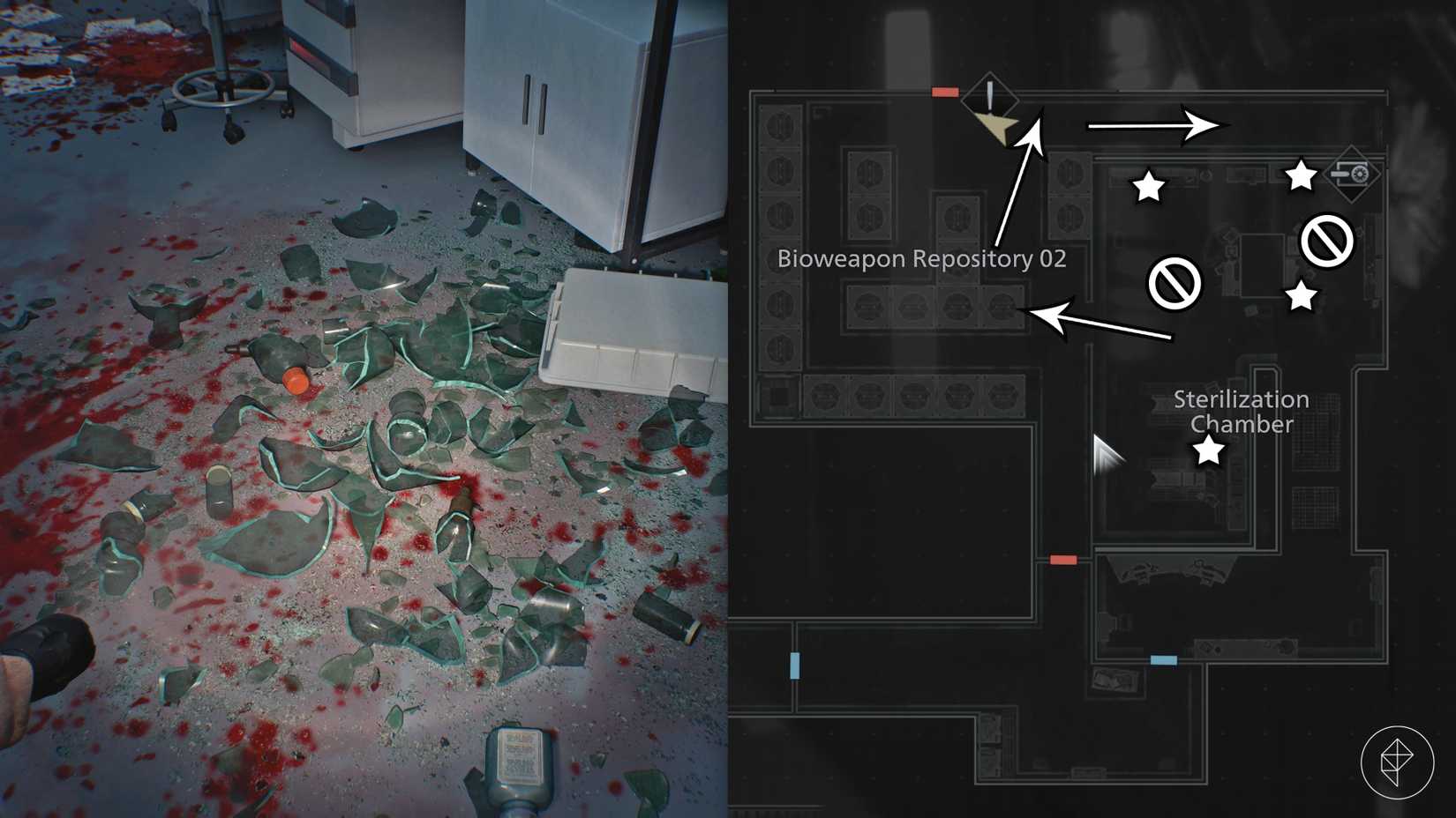 Arrows show a path from the Sterilization Chamber to the Chemical Storage while avoiding glass shards in Resident Evil Requiem.