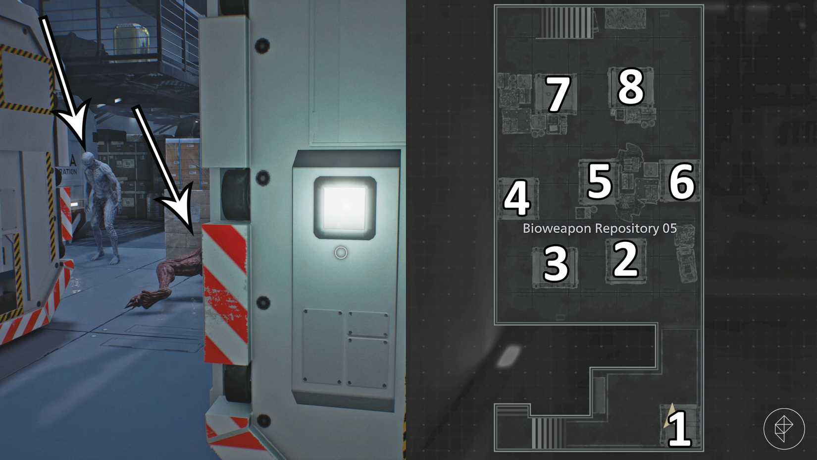 Every container and a few enemies in ARK's Bioweapon Repository 05 in Resident Evil Requiem.