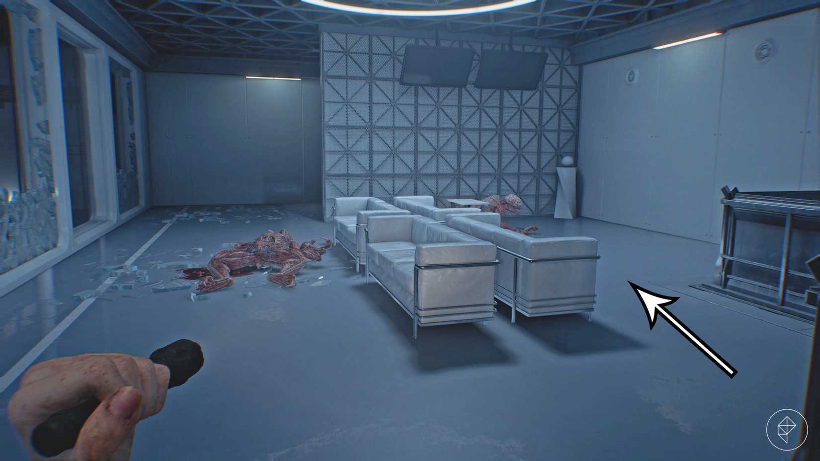 Two lickers and glass shards in ARK in Resident Evil Requiem.