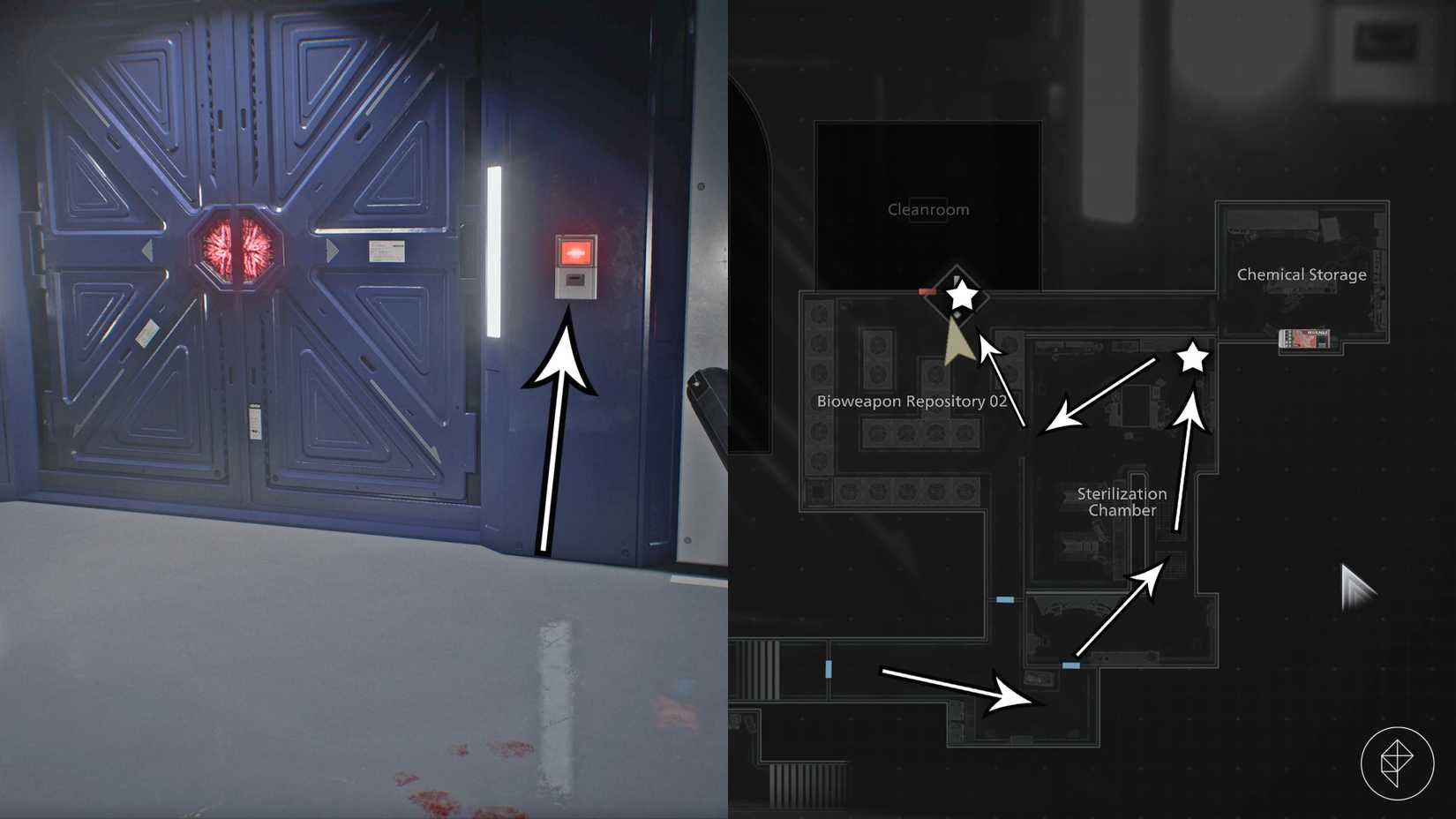 Arrows point to a locked door within ARK in Resident Evil Requiem.