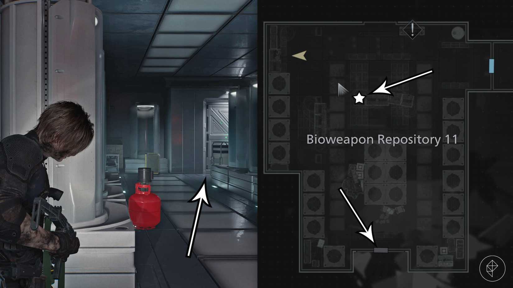 Leon's first path through ARK in Resident Evil Requiem.