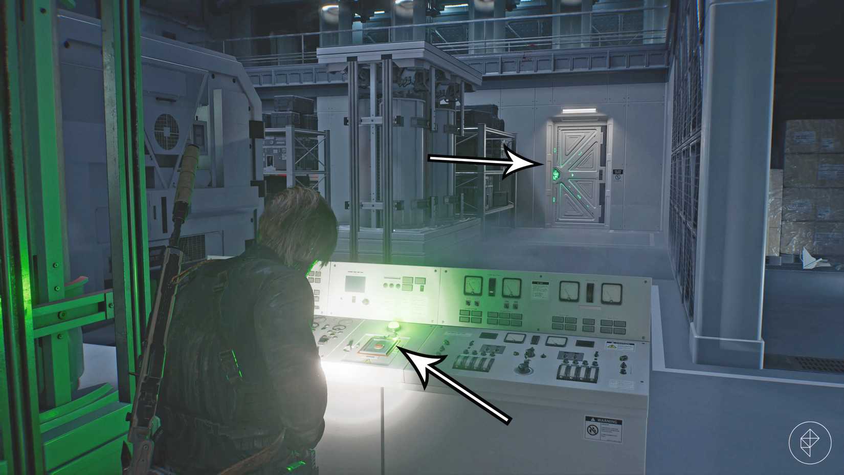 Leon opens a door inside ARK in Resident Evil Requiem.