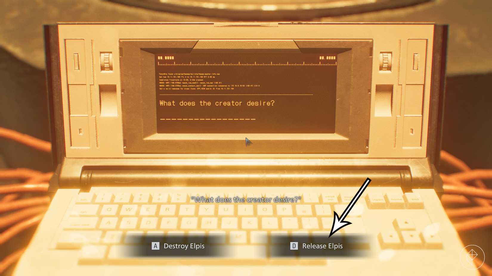 A screen showing the final choice in Resident Evil Requiem, with an arrow pointing to the good ending.