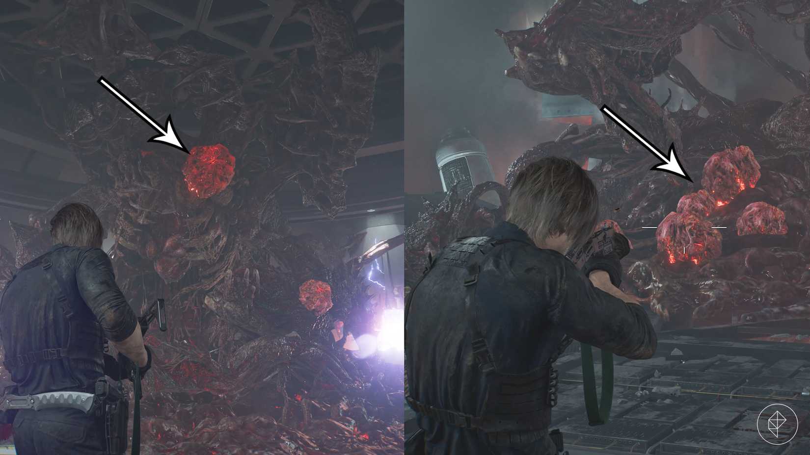 Leon fights the final boss in Resident Evil Requiem after it has mutated.
