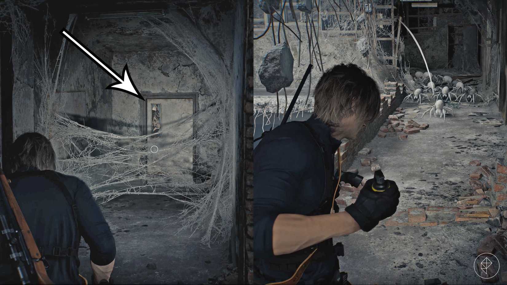 Leon fights baby spiders in Resident Evil Requiem.