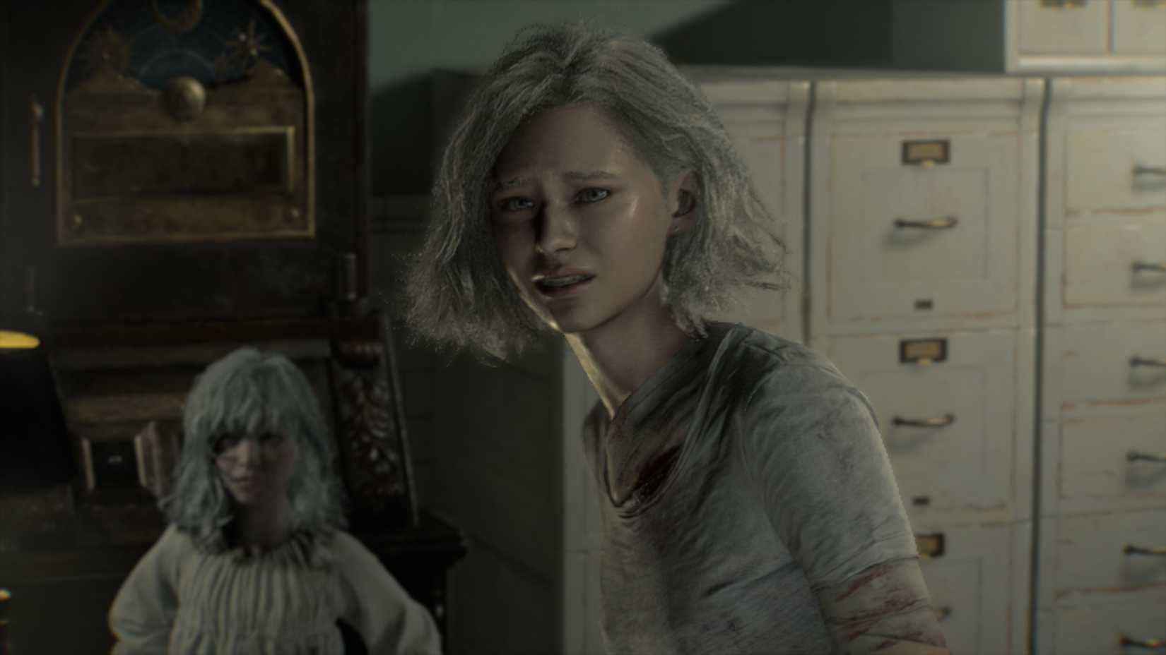 Grace standing in front of Emily and facing a threat in Resident Evil Requiem