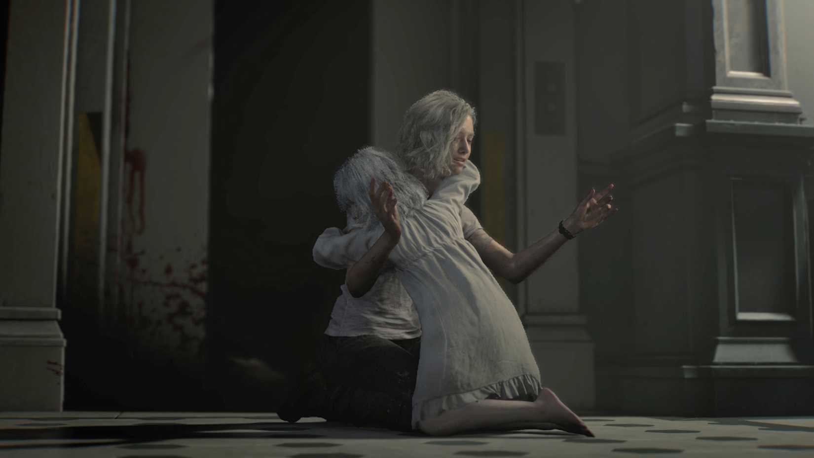 Emily hugging a surprised Grace in Resident Evil Requiem