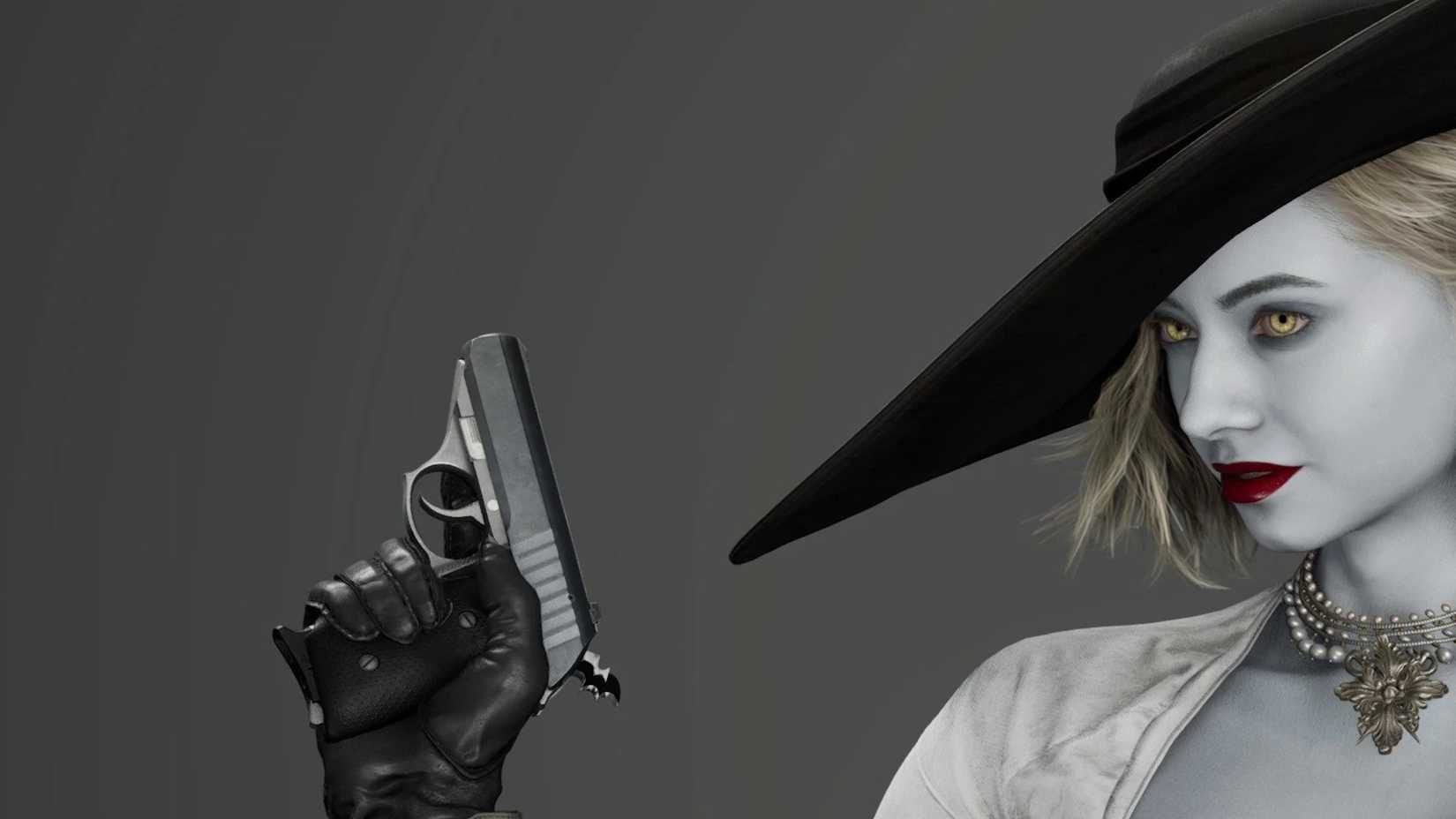 Grace in her Lady Dimitrescu outfit in Resident Evil Requiem, holding a pistol that has a bat-shaped hammer