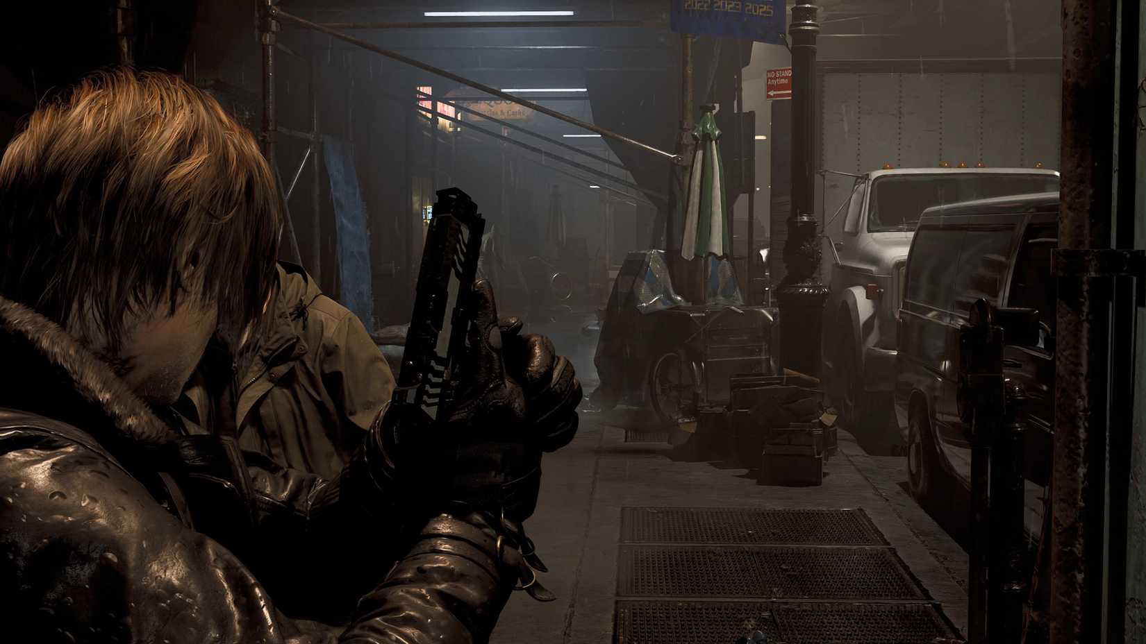 An image of Leon in Resident Evil Requiem with the no HUD effects mod enabled