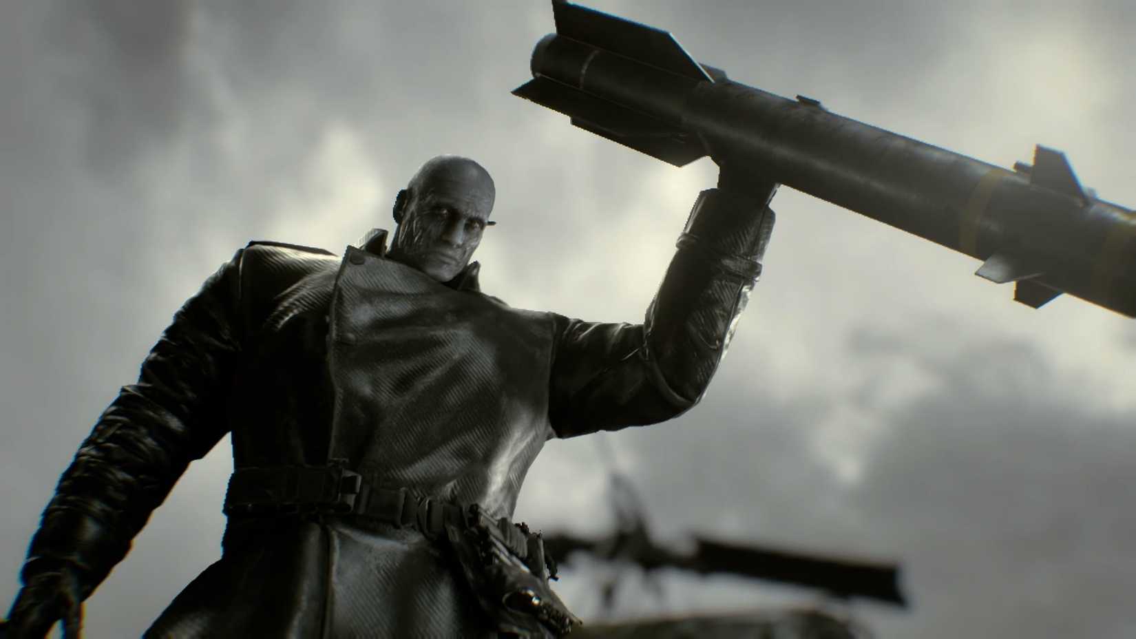 A tyrant who resembles Mr X, holding a missile in Resident Evil Requiem