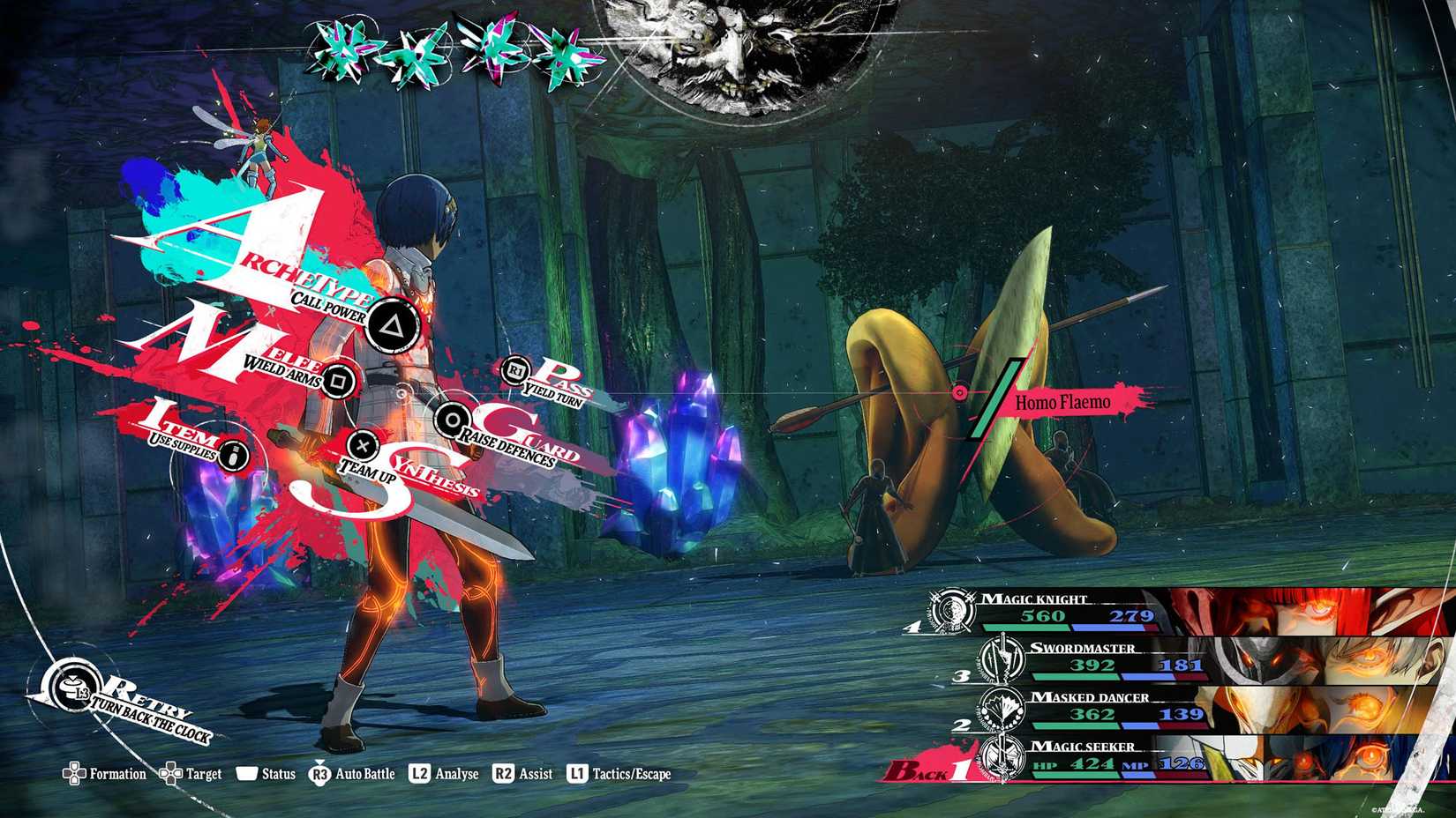  ReFantazio screenshot showing the characters fighting a human enemy
