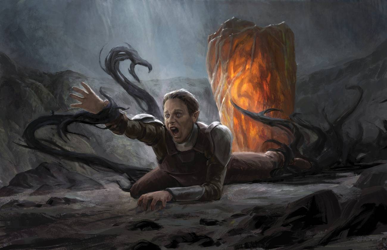 An Amber Sarcophagus reaches out to grab a victim in the D&D Domain of Dread of Ravenloft