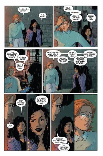 Um painel de quadrinhos com Kelly e Yorkie de San Junipero. Kelly está vestida com uma jaqueta roxa e um macacão preto. Yorkie está com um traje mais nerd, Deus a abençoe, com um suéter verde e óculos grandes e redondos no rosto.