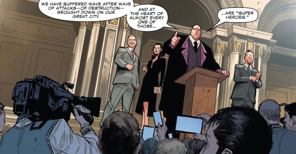 Kingpin announcing the Powers Act outside City Hall
