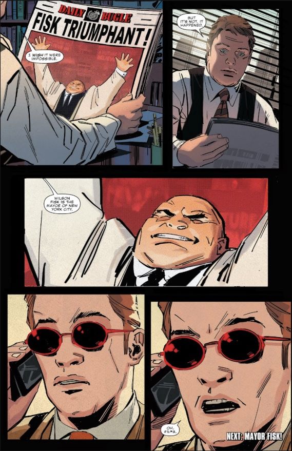 Foggy Nelson reading a newspaper announcing Mayor Fisk's election