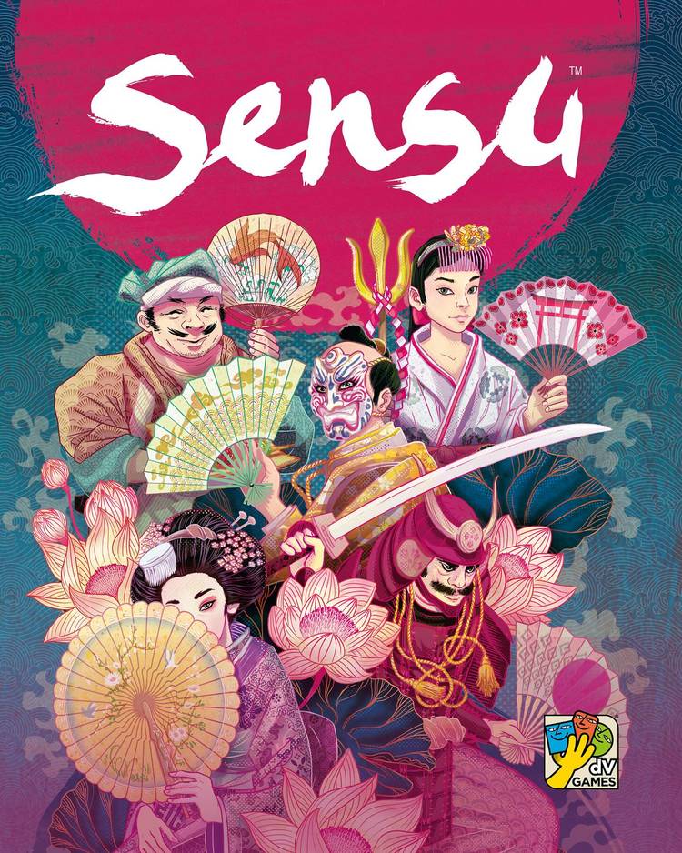 Five people hold decorated Japanese folding fans in the cover art for Sensu.