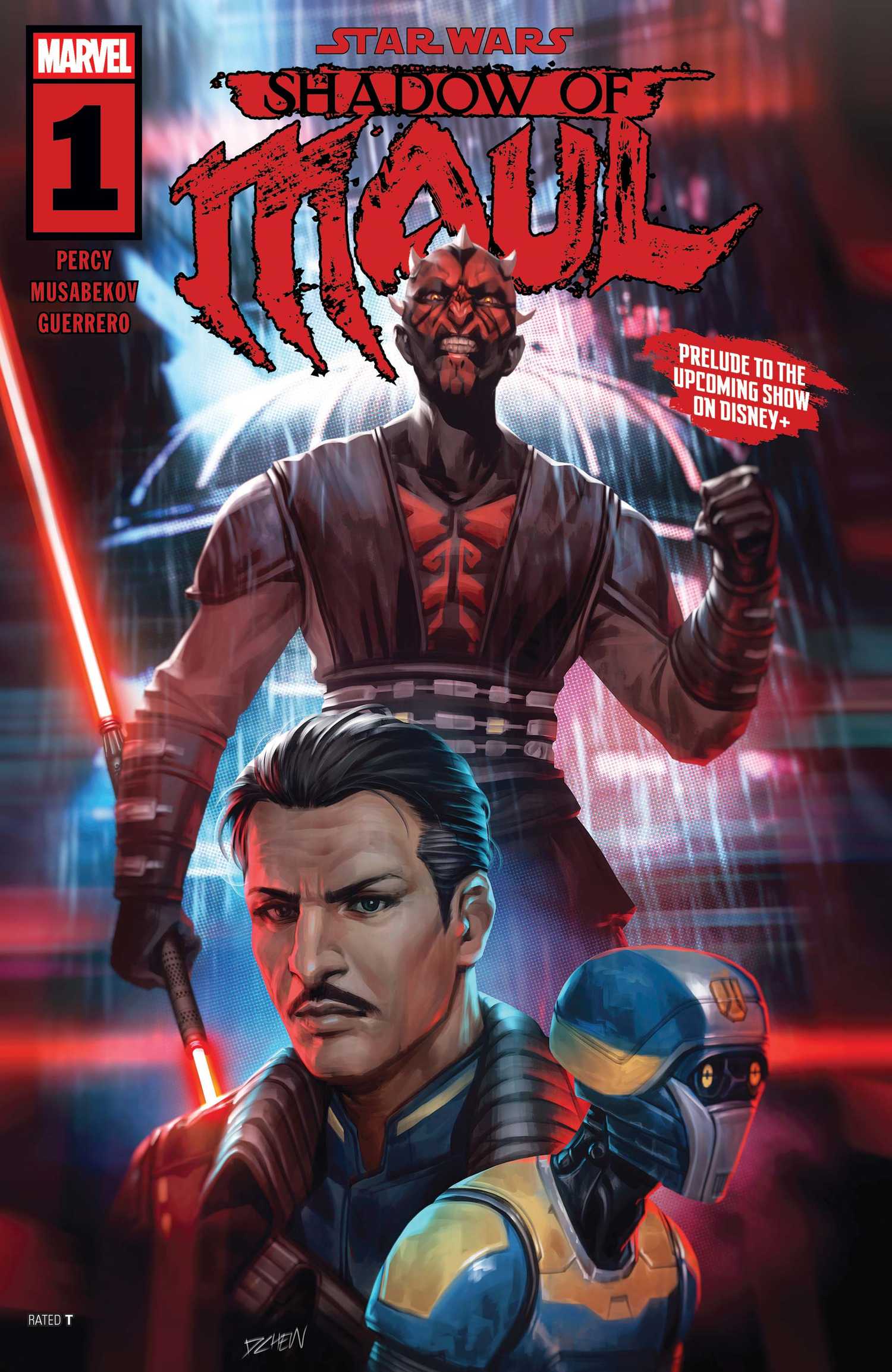 Cover art of Star Wars Maul Shadow Lord. It depicts Maul with a feral grimace, standing behind Captain Brander Lawson, a black-haired man with a moustache and Two Boots, a blue and yellow droid.