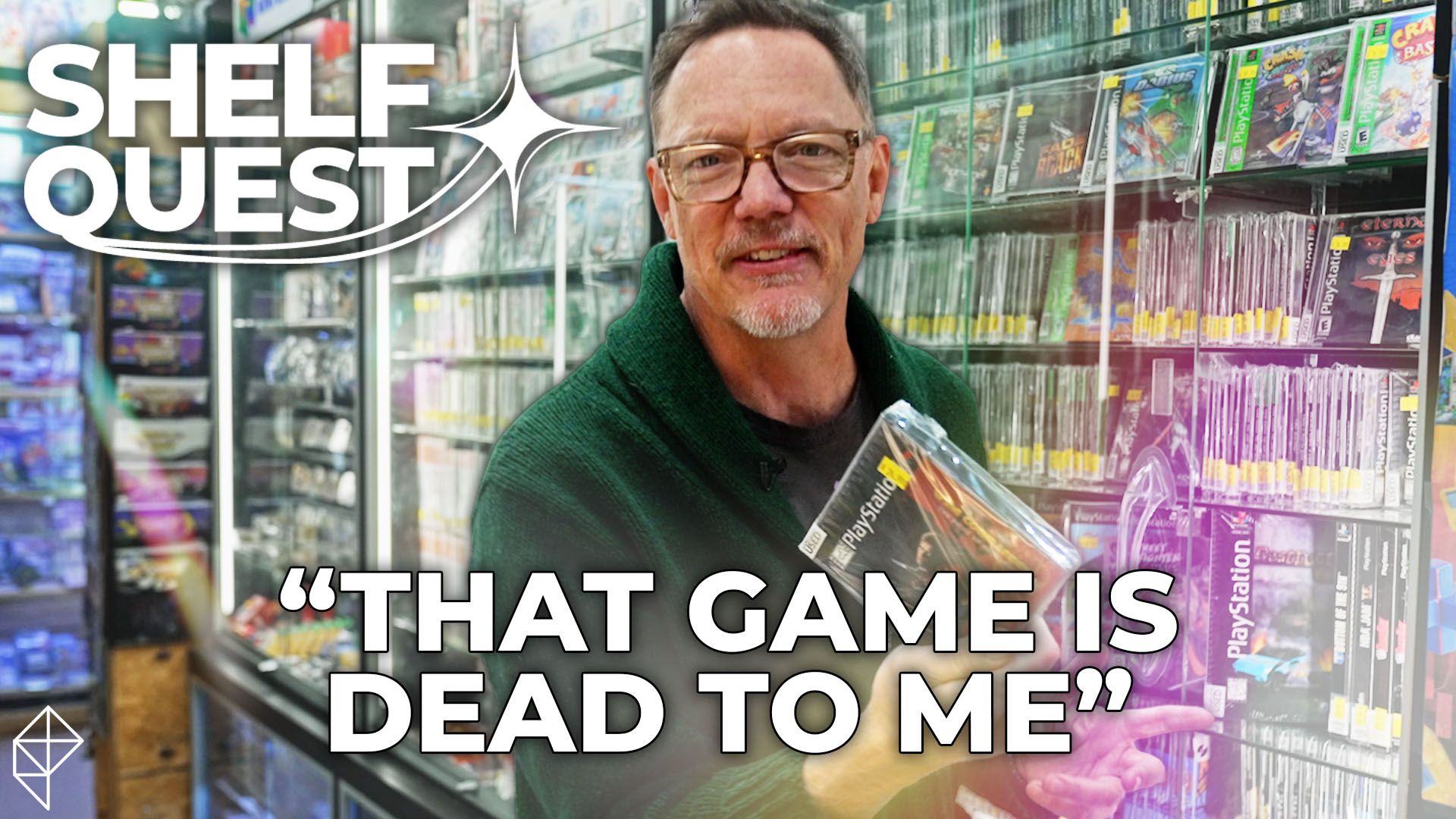 Matthew Lillard stands in a video game store holding a game.