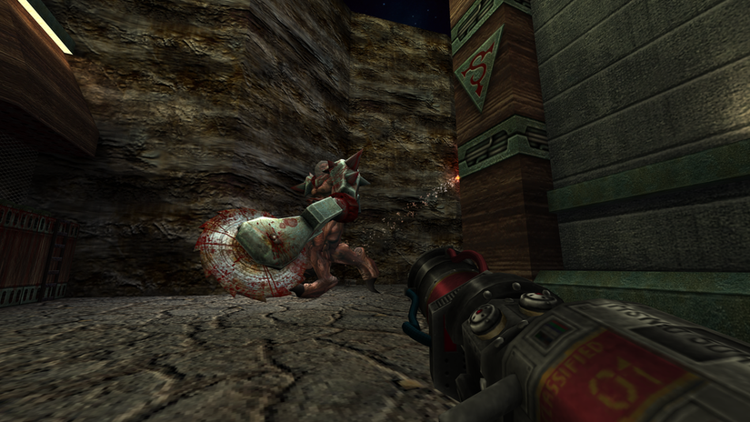 A boss with a buzz saw weapon stands tall in Sin Reloaded.