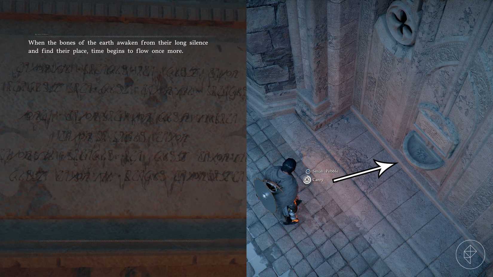 The riddle to open the door to the Spire of Insight along with a small pebble to be placed inside the bowl on the door in Crimson Desert.