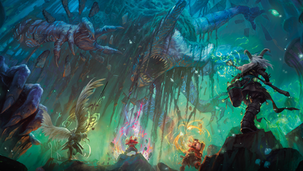 five wizards confront a massive monster