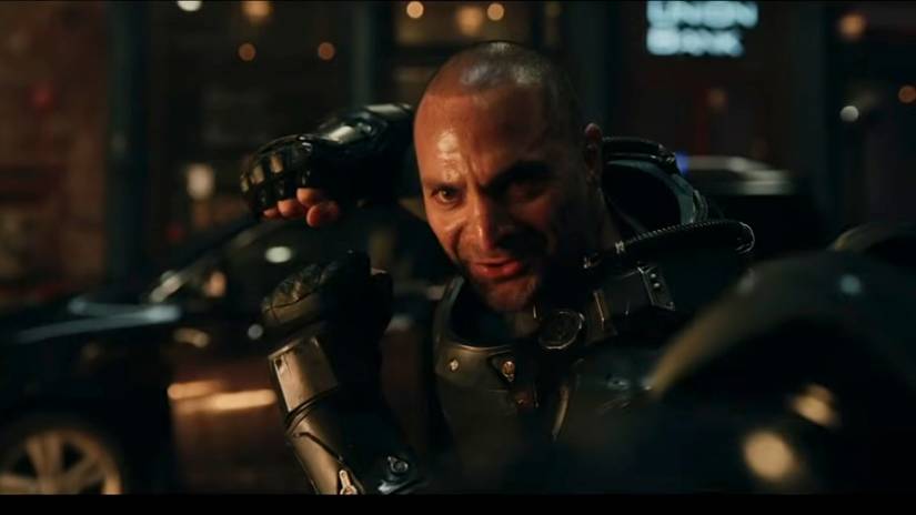Scorpion (Michael Mando), a man in a mechanical suit, fights with Spider-Man in Spider-Man Brand New Day