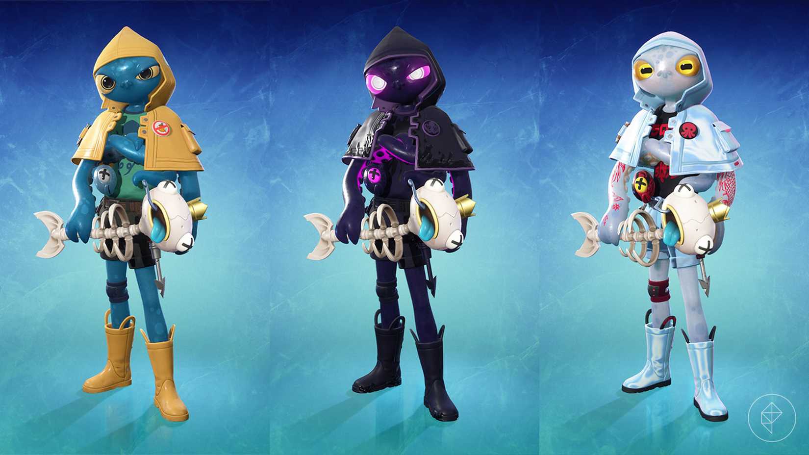 Squibbly, a Fortnite fish skin with a yellow rain jacket, along with its two alternate skins.