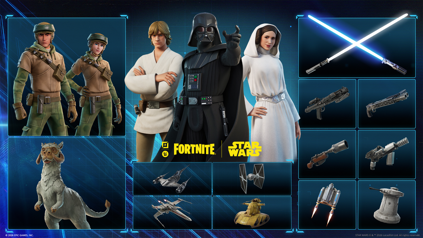 A collection of Star Wars icons available in Fortnite's UEFN editor.