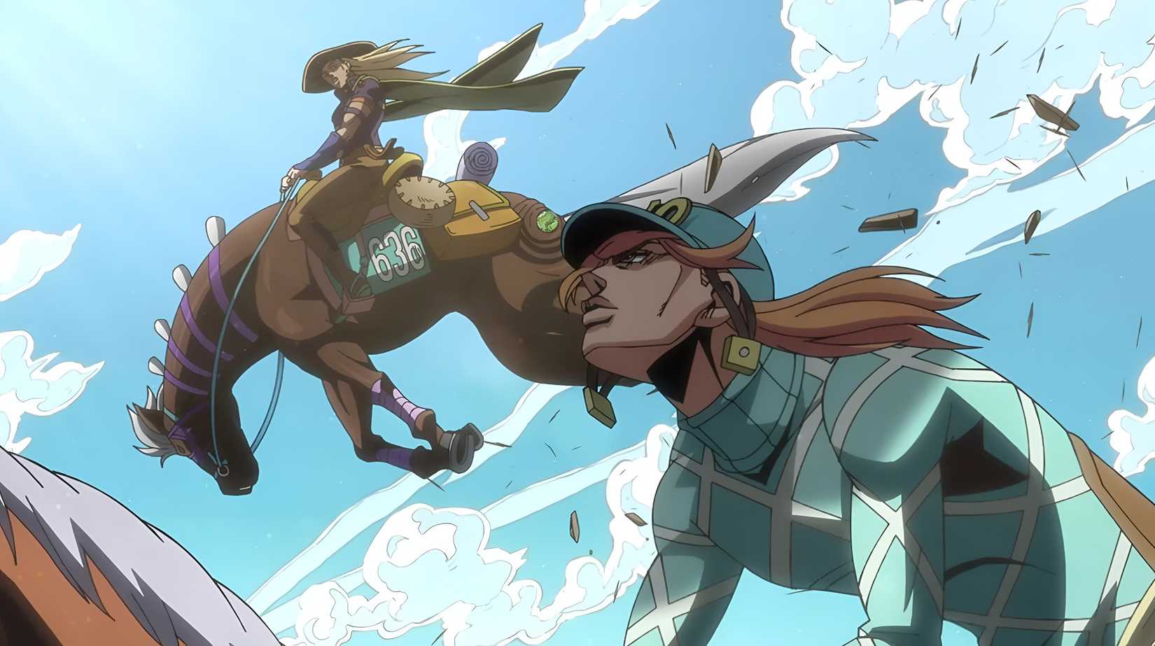 Diego Brando watches Gyro leap through the air on horseback in Steel Ball Run