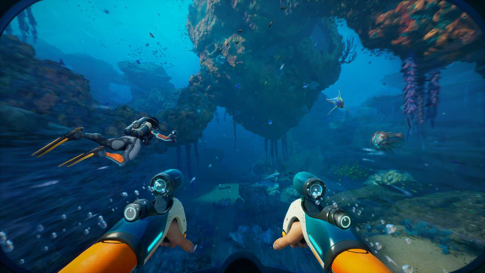 Swimming underwater from a first-person POV in a screenshot from Subnautica 2