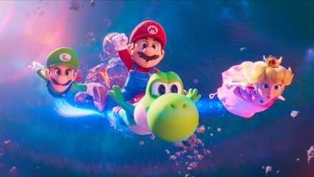 Luigi, Mario, Yoshi, and Peach fly through space in The Super Mario Galaxy Movie