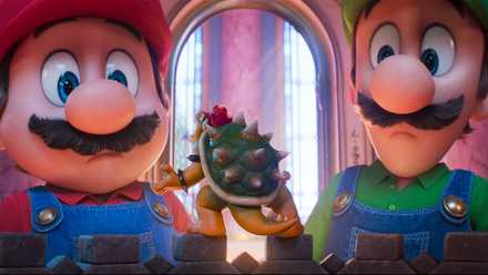 super mario galaxy movie still with Mario, Bowser, and Luigi