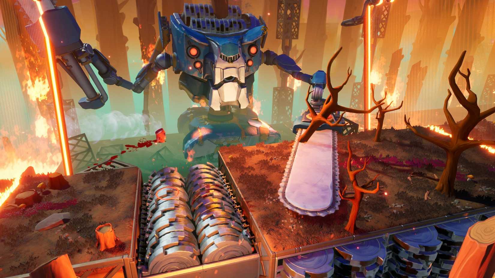 A boss with a chainsaw attacks Meat Boy in Super Meat Boy 3D.