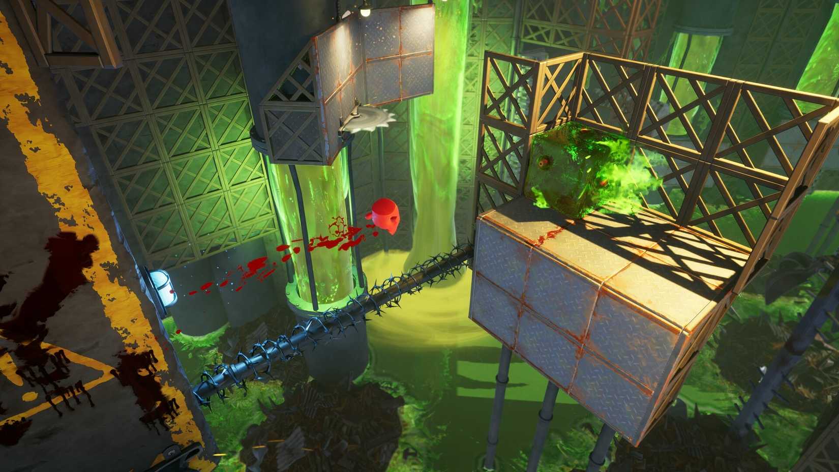 Meat Boy jumps across a gap in Super Meat Boy 3D.