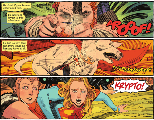 a panel from the supergirl woman of tomorrow comic showing the moment when krypto gets shot with a poison arrow