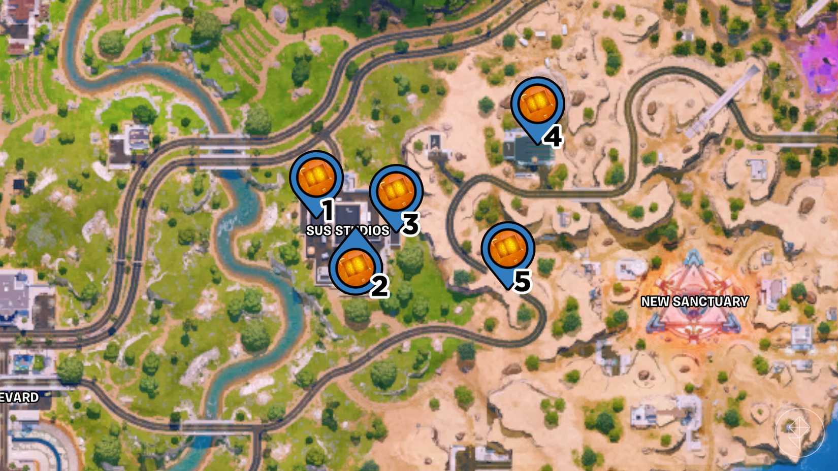 Sus Studios on the Fortnite map with pins marking the locations of the chaos cubes in the area.
