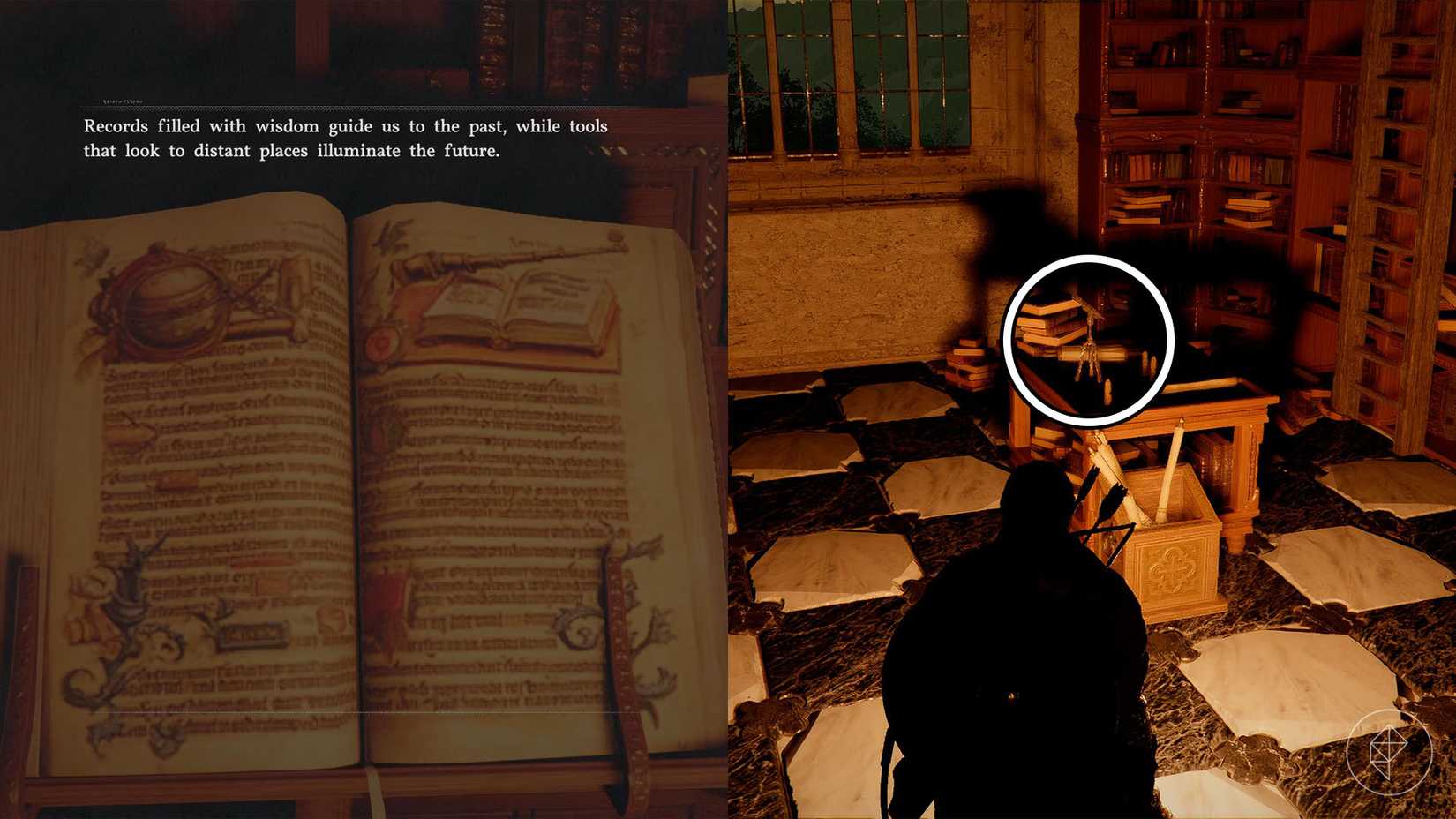 The riddle for the second floor of the Spire of Insight along with a telescope on a desk in a dimly lit room in Crimson Desert.