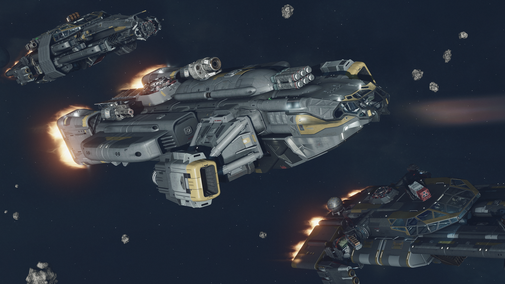 A Terran Armada ship flies through space in Starfield story DLC 2