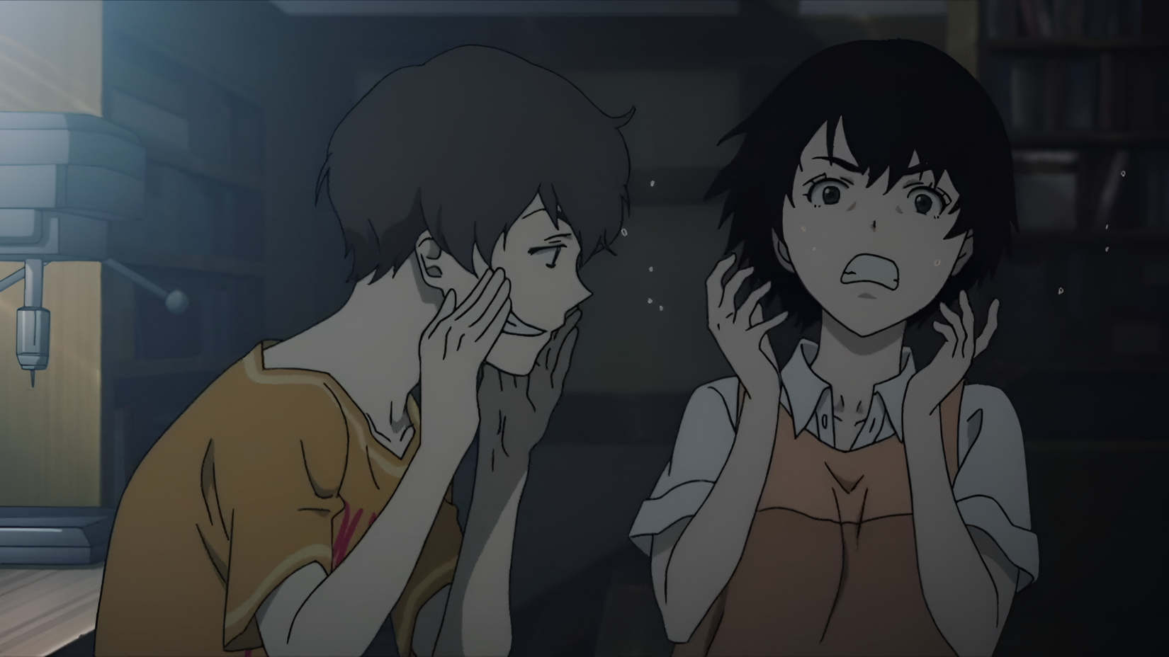 A child teases his friend, who looks spooked by something he said in Terror in Resonance