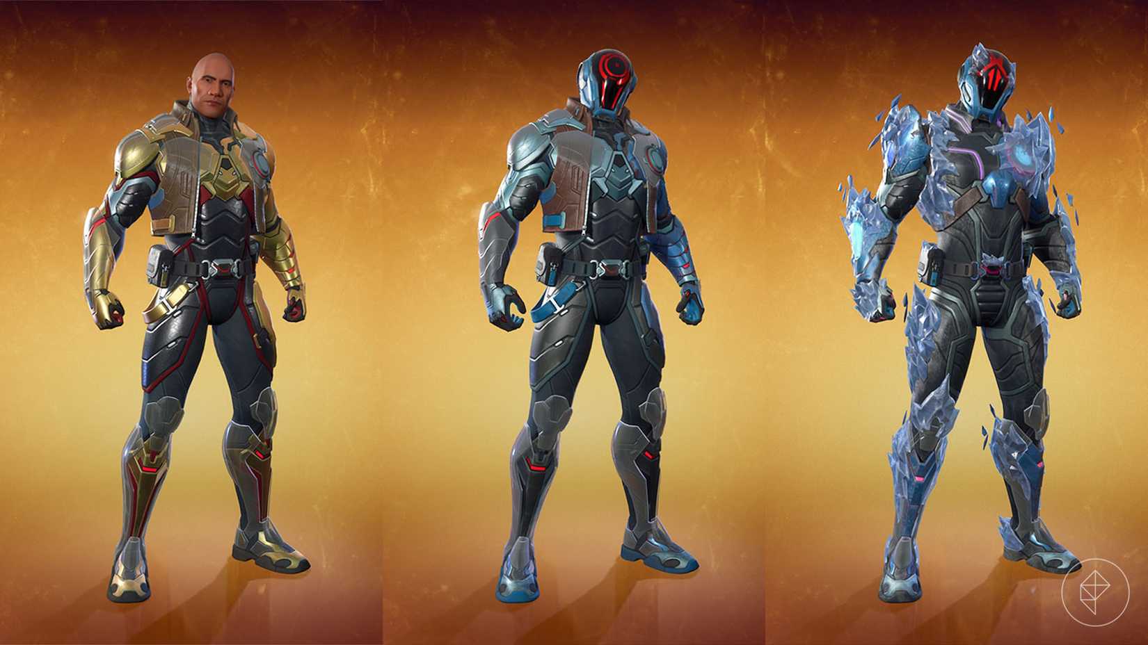 The Foundation Fortnite skin which depicts a man in shiny armor along with their two other alternate outfits.