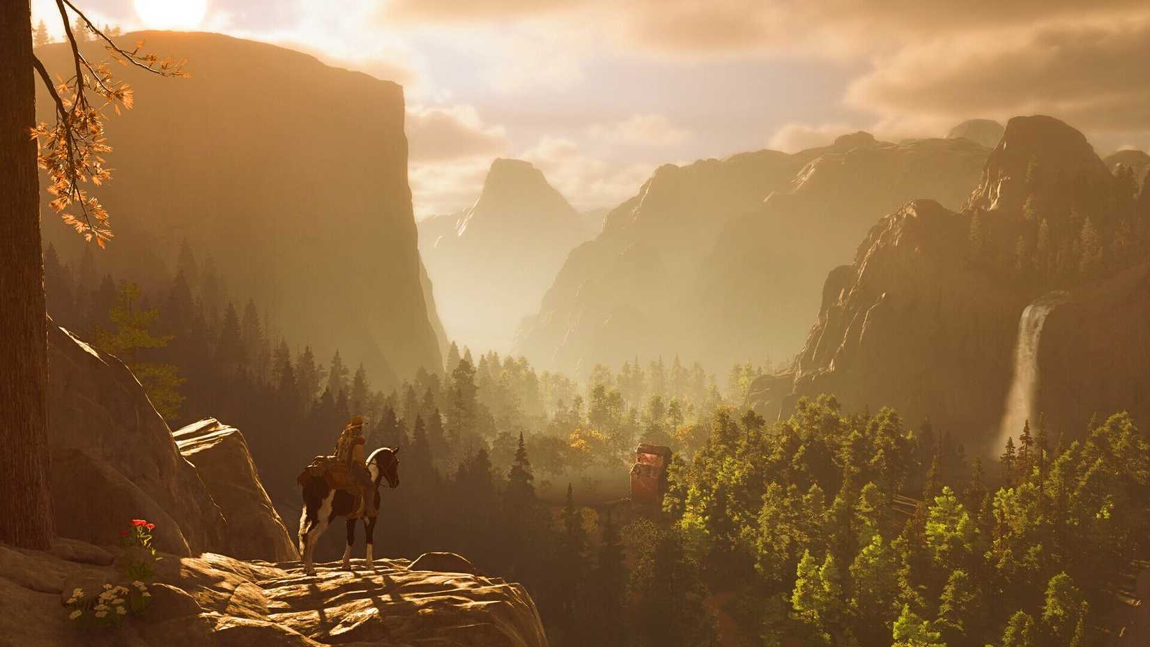 An image showing a cowboy on a horse overlooking a forest, mountain-esque area. It's a screenshot from The Legend of California from ex-Overwatch developers.
