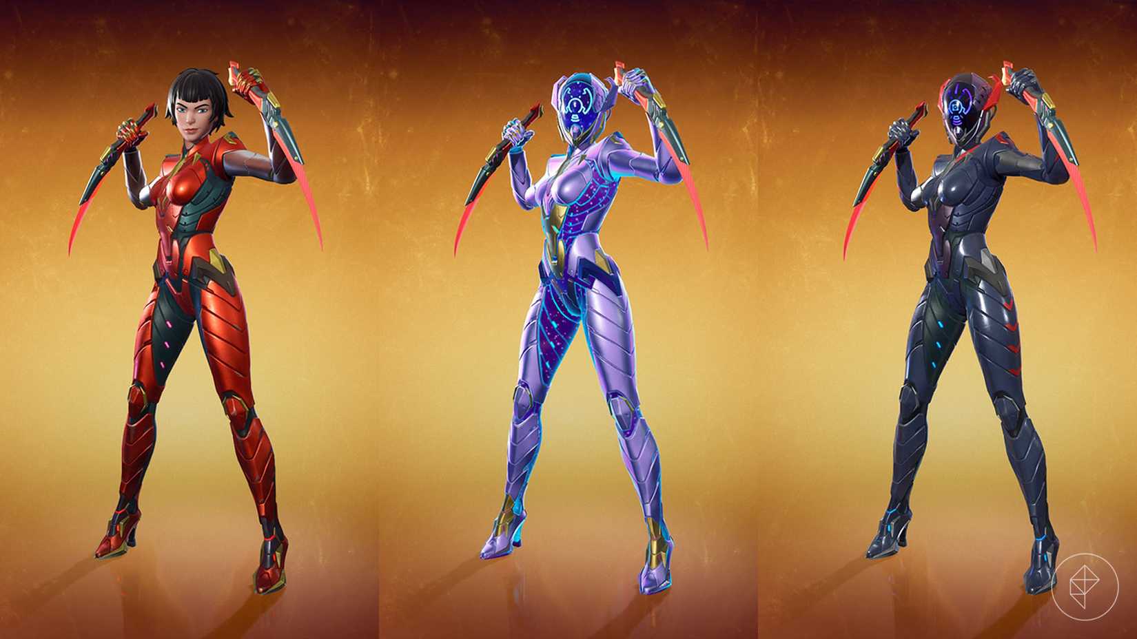 The Order Fortnite skin, which is a woman with a black bobbed hair cut in a metallic red armor suit.