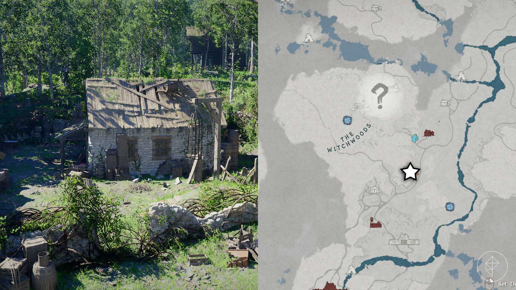 A house with a broken roof and a stone fence covered in vines in Crimson Desert.