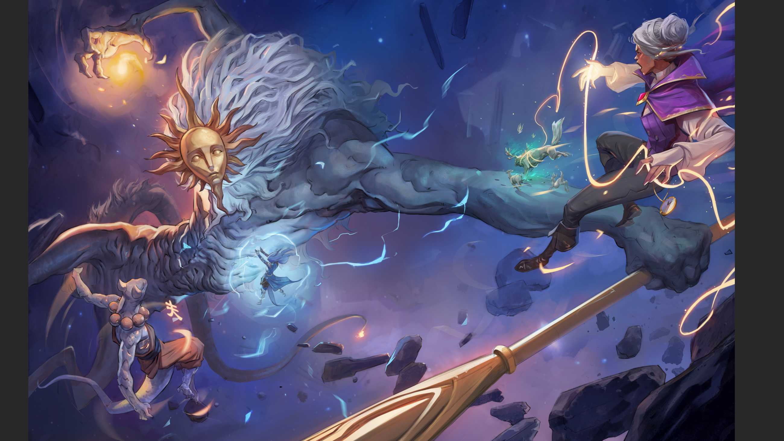 A monster with a sun mask battles epic level heroes in art from Ariadne's Book of Legends