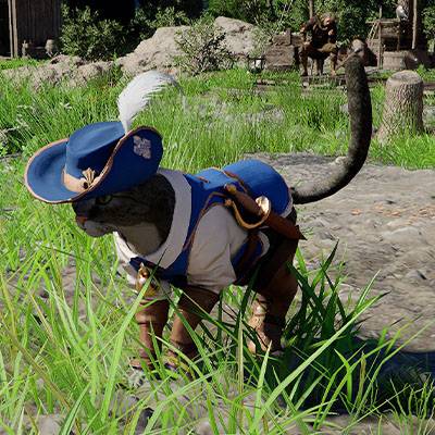 A cat wearing a blue musketeer outfit with a small dagger in Crimson Desert.