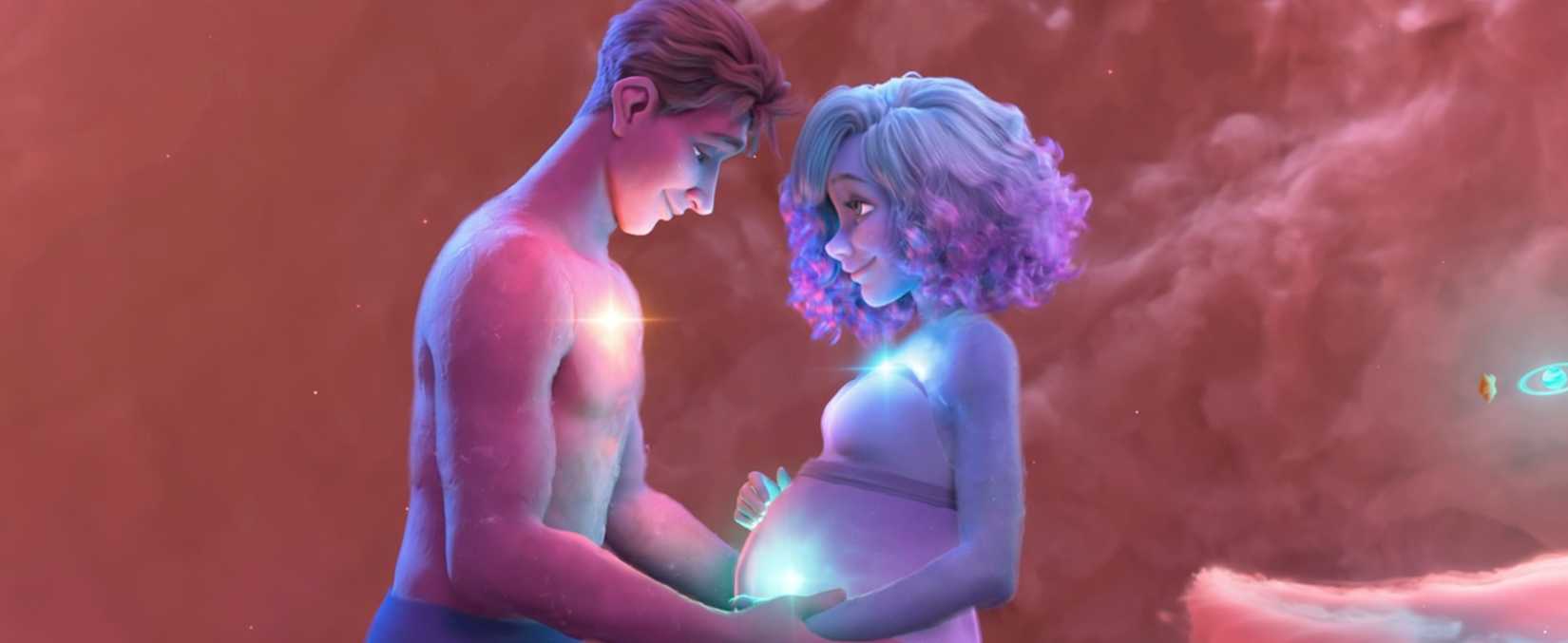 Two figures, a shirtless man with glowing pink skin and a star in his chest, and a heavily pregnant purple-skinned and purple-haired woman with stars in her chest and belly, stand together smiling in Disney's animated short Versa