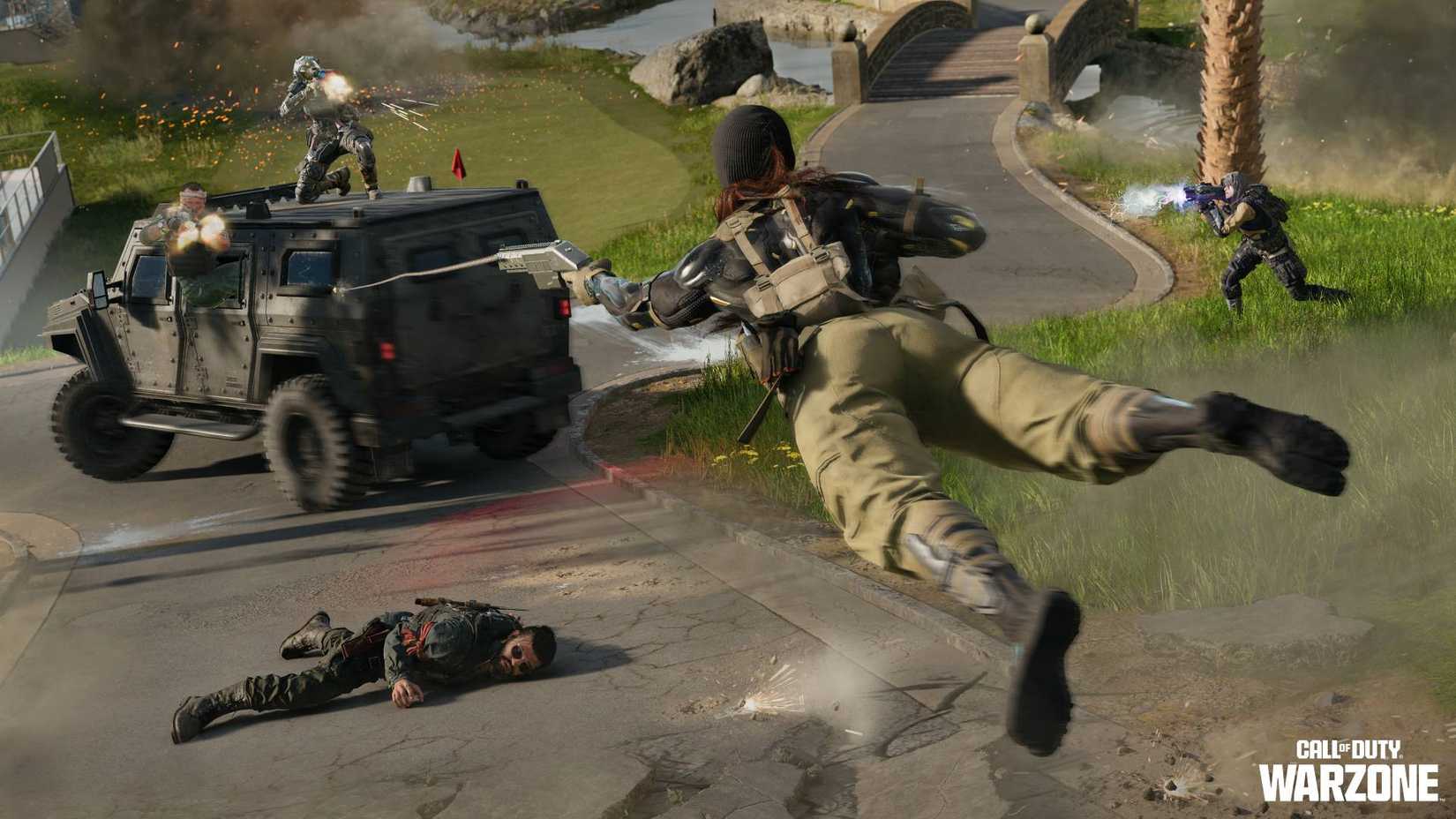 An operator in Black Ops Royale using a grappling hook on a car while enemies shoot at her in mid-air.