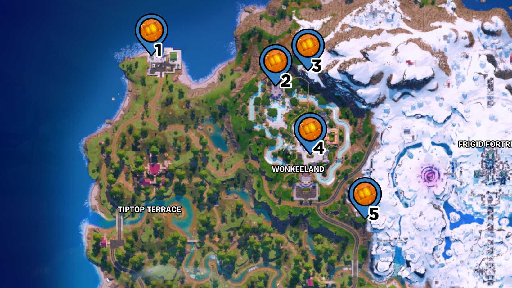 A close up of Wonkeeland on the Fortnite map with pins indicating the location of chaos cubes.