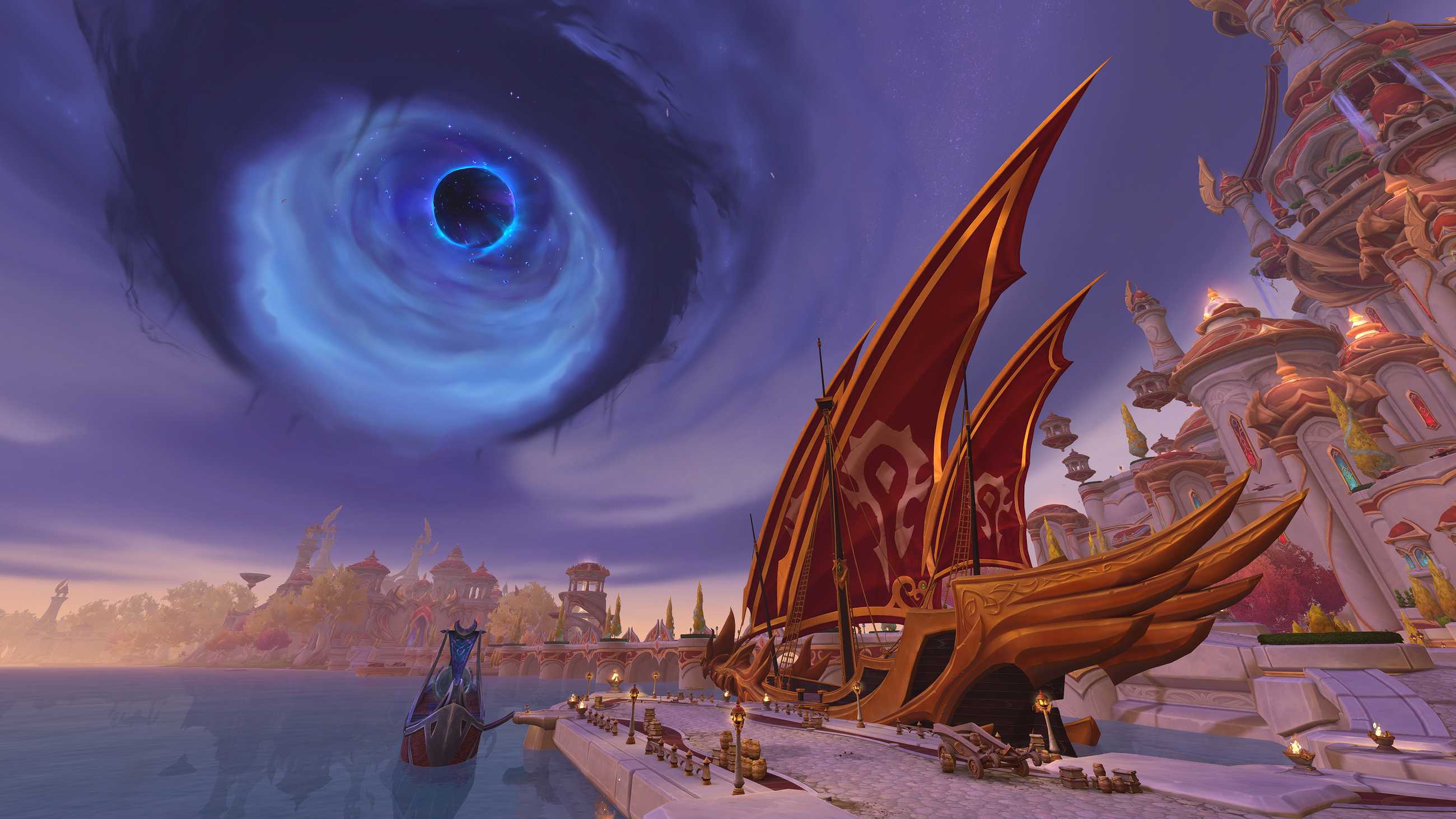 The Voidstorm looms over the Silvermoon docks in WoW Midnight